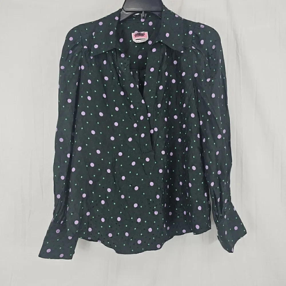 Kate Spade Pine Forest Green Pop Dots Blouse Size XS Silk Blend